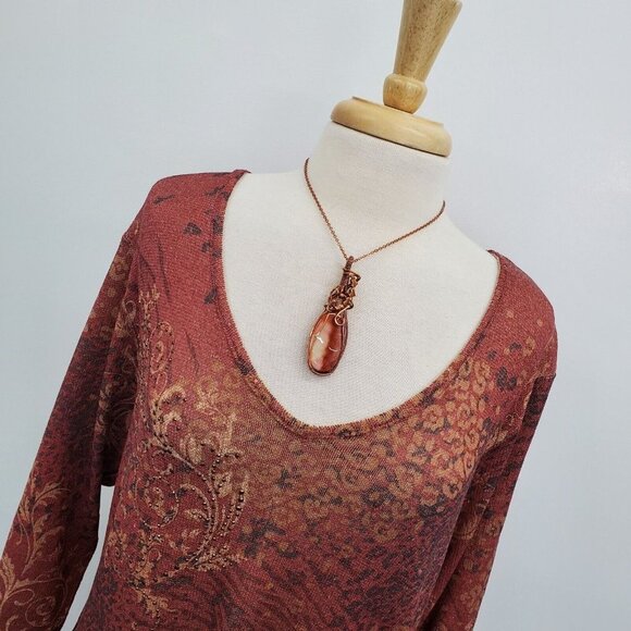 Indigo Soul Womens Paisley Tunic Top Size L Gold Rust V-Neck Asymmetric Hem - Picture 5 of 16